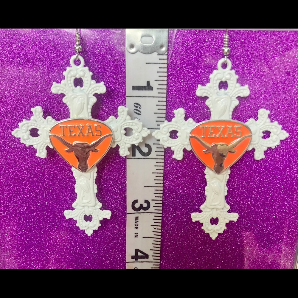 Flowered Cross Texas Longhorn white Earrings